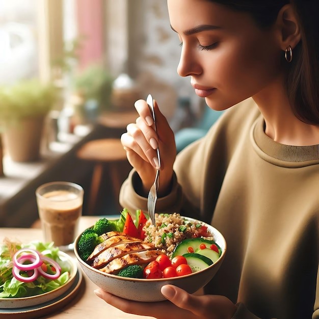 Woman eating a healthy meal bowl with vegetables, grilled chicken, and quinoa at a cafe.