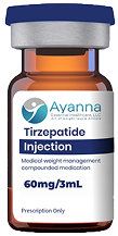 Tirzepatide injection bottle labeled for medical weight management.
